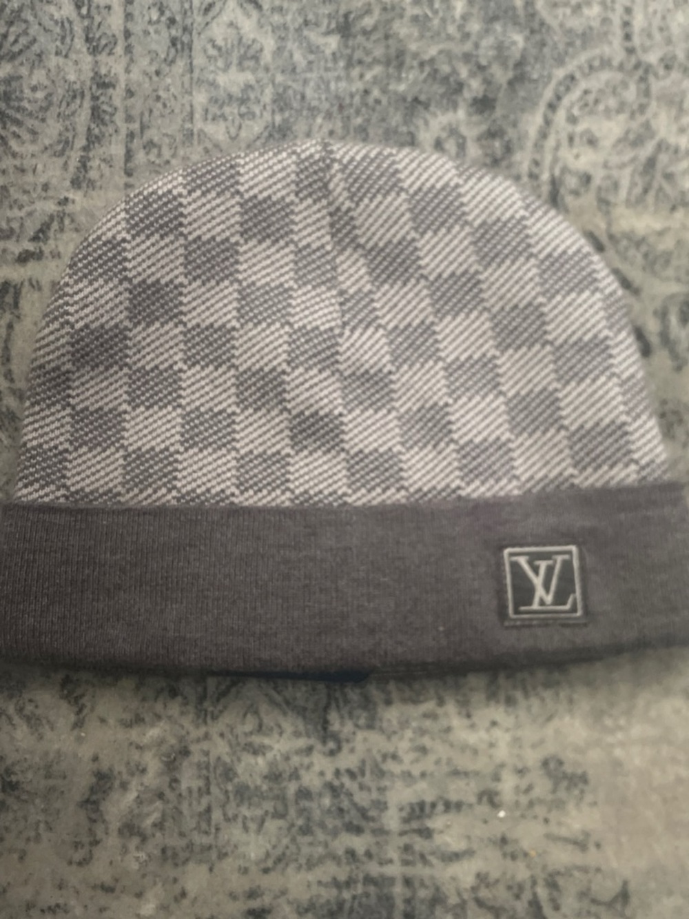 Louis Vuitton Gray Checkered Knit Beanie with LV Patch